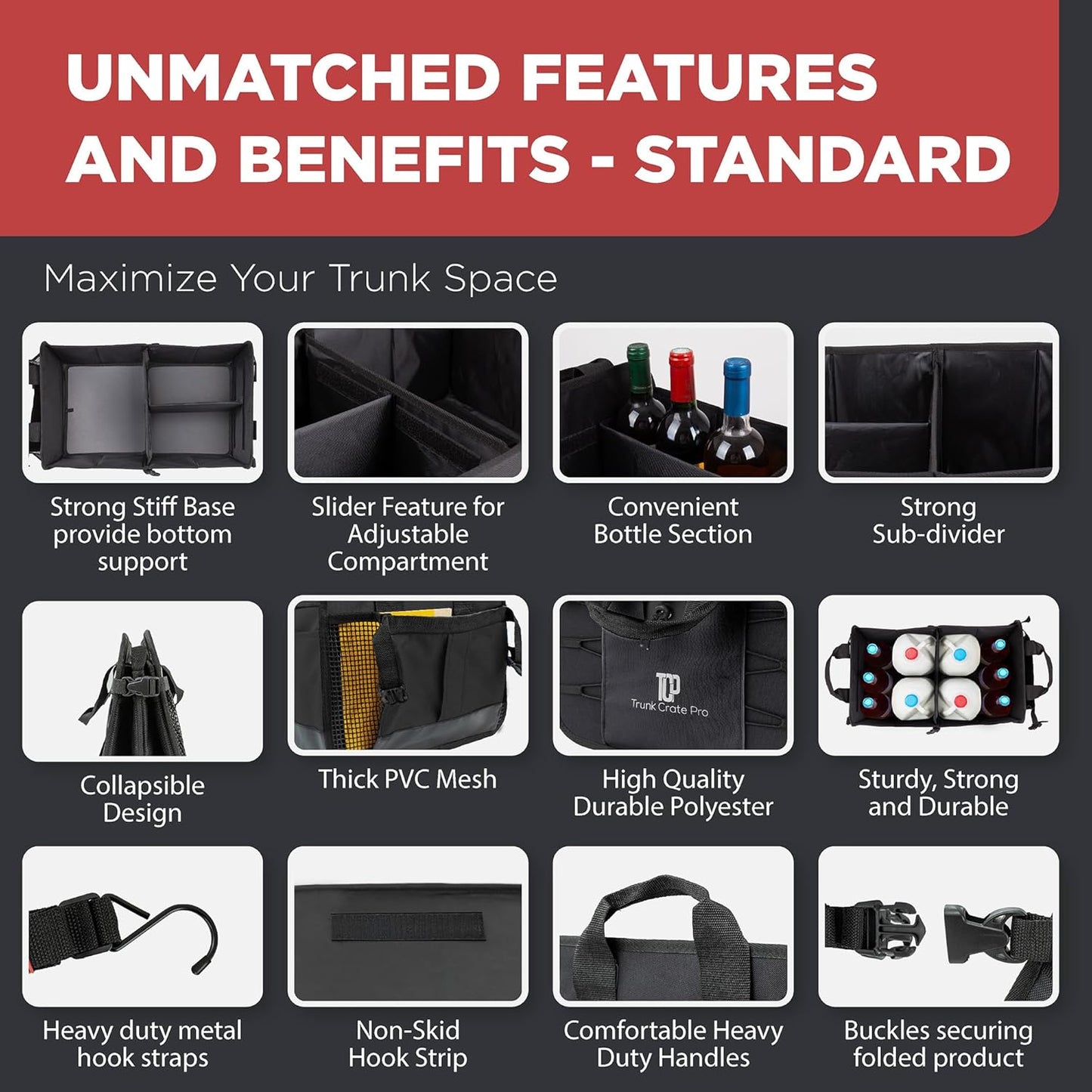 TRUNKCRATEPRO Trunk Organizer For Car, Suv, Truck | Premium Adjustable Multi Compartments Collapsible Car Trunk Organizer With Securing Straps & Non-Slip Bottom (Large Size, Black)