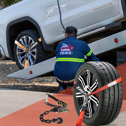 4 Pack Car Tie Down Straps for Trailers with Heavy Duty Chain Anchors 2" x 96" - 3,300 lbs Safe Working Load -Adjustable Wheel Straps with Chain Hook Anchors for Trailers.Orange