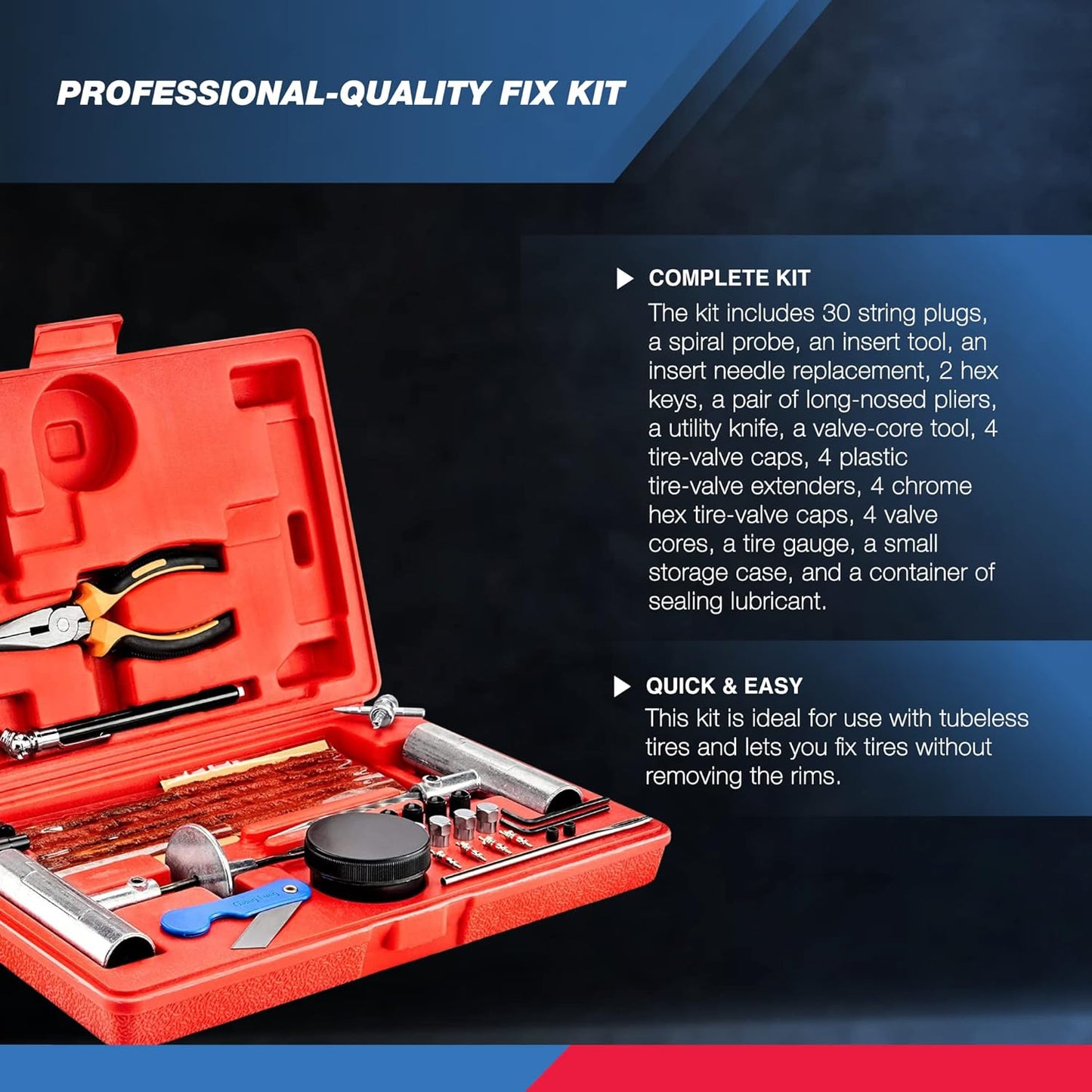 Tooluxe 50002L -35 Piece Tire Repair Universal Heavy Duty Tire Repair Kit with Plugs, Fix A Flat Tire Repair Kit, Ideal for Tires on Cars, Trucks, Motorcycles, ATV Roadside Emergency, Tire Plug Kit