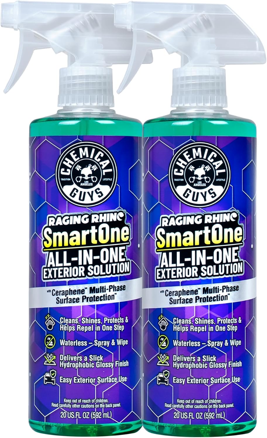 Chemical Guys Raging Rhino Waterless Car Wash And Quick Detailer Spray, No Rinse Exterior Cleaner For Paint, Glass, Wheels, Plastic, And Chrome, Spray And Wipe Shine, 20 Fl Oz