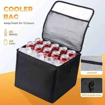 HIRALIY 4 in 1 Car Trunk Storage Organizer with Leakproof Cooler Bag, Multi-Compartment Foldable Trunk Storage Box for Car Truck SUV Black