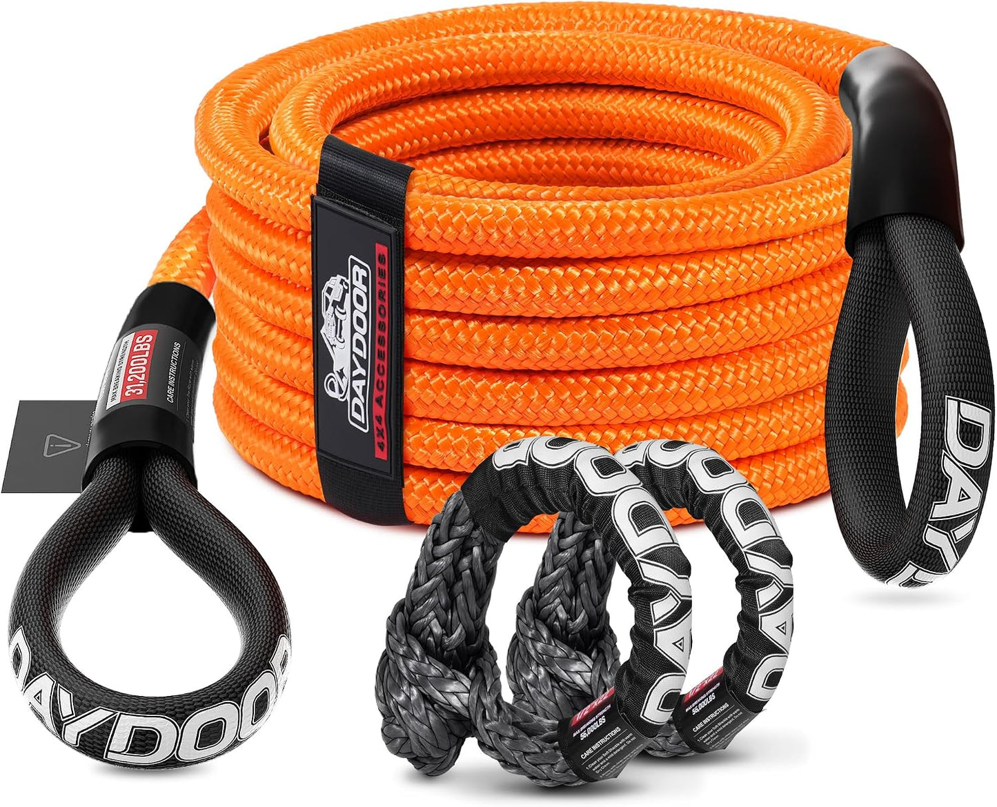 DAYDOOR Recovery Tow Rope Kit with 2 Soft Shackles, 7/16 Inch x 30 ft 31,200 Lbs UHMWPE Tow Strap, Synthetic Towing Rope Recovery Kit for ATV, UTV, SUV, Cars (Gray)