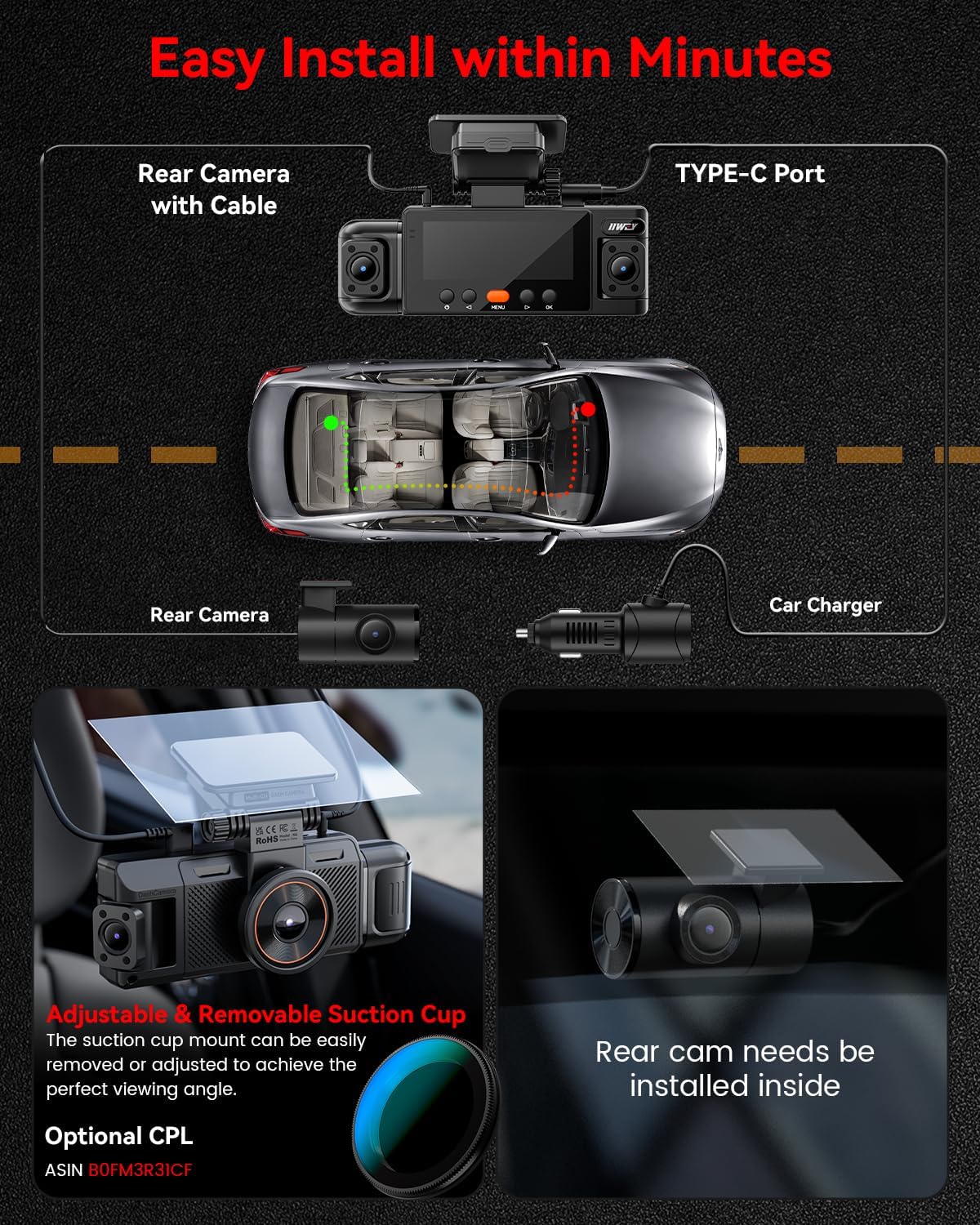 IIWEY N6 360° Dash Cam 4 Channel, 5.8G WiFi-6 (up to 20MB/s) with App, Free 128GB Card, FHD Front & Rear Inside Dash Cam for Car, 8 IR Lights Night Vision, GPS, 24/7 Parking Mode, G-Sensor