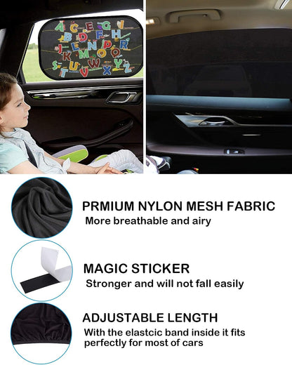 Tevlaphee Car Window Shades, 2 Pack Car Sunshade for Kids Breathable Universal Sun Visor Car Net for Baby with Certified UV for Side Window, Spandex Mesh Material Protect Privacy for Family (L)
