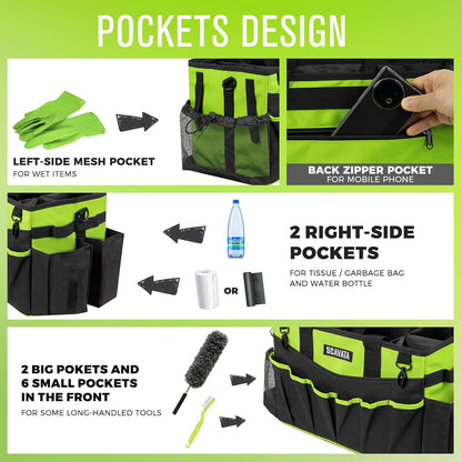 SCAVATA Wearable Cleaning Caddy Bag, Supplies Organizer with Handle & Shoulder Straps for Housekeepers, Under Sink & Car Cleaning Tool Organizer with 4 Foldable Dividers (Black)