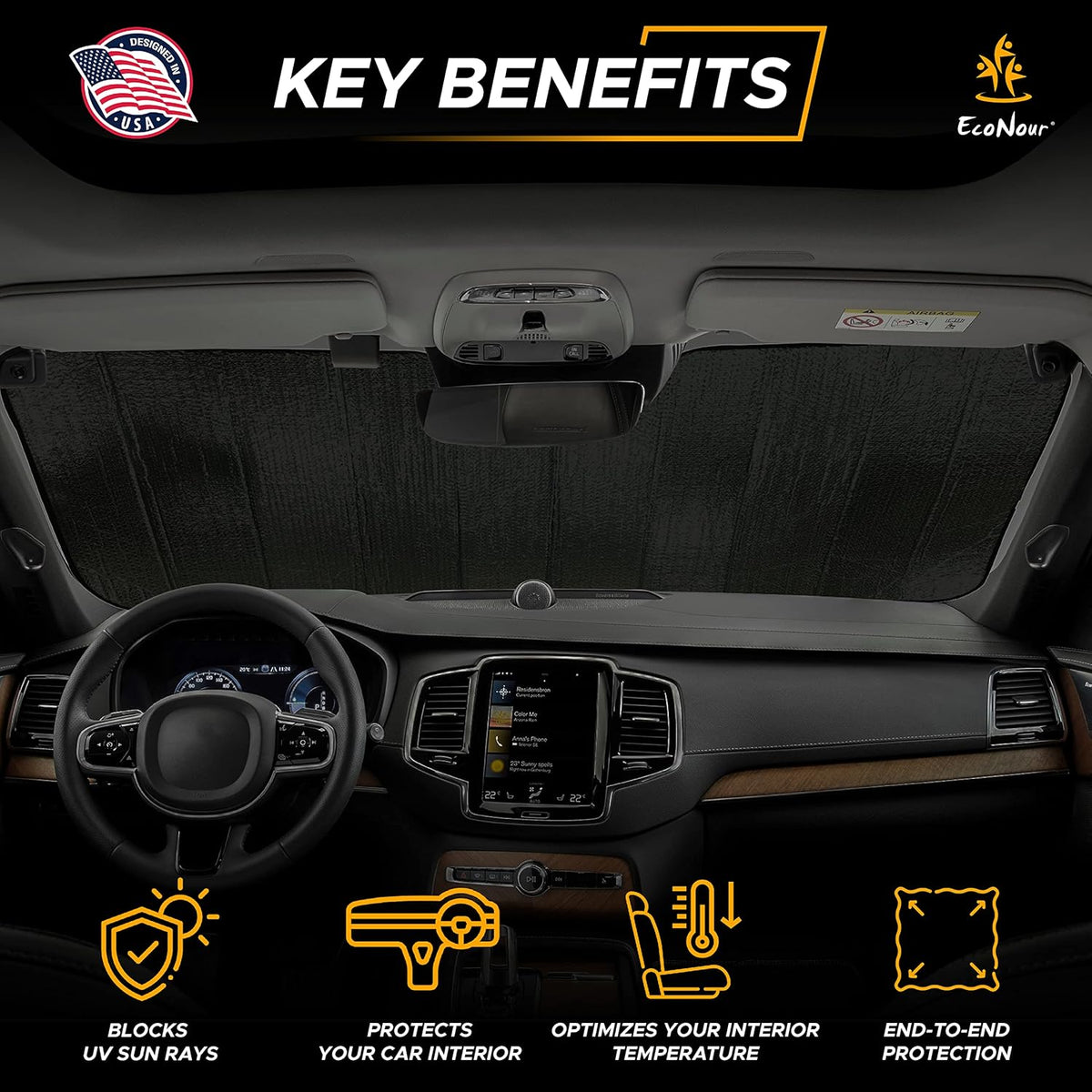 EcoNour Accordion Car Windshield Sun Shade | Car Sun Visor to Protect Harmful UV Rays | Foldable Automotive Windshield Sunshades | Window Sun Blocker to Keep Your Vehicle Cool & Comfort - 58" x 28"