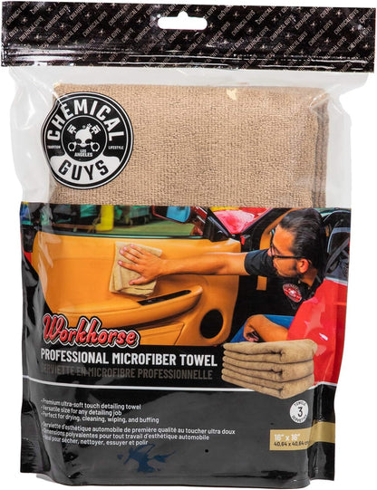 Chemical Guys Workhorse Professional Grade Microfiber Towels for Cars - Black 16x16 Inch Microfiber Cleaning Cloths for Home & Pet Drying, Soft & Scratch-Free, Washing, Drying & Cleaning, 3 Pack