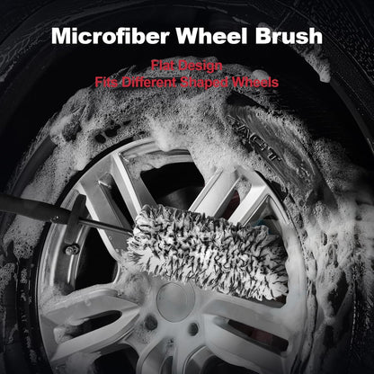 9PCS Professional Wheel Detailing Kit - Microfiber Flat Rim Brush w/Removable Cover, Boar Hair Detail Brush, Cleaning Pads, Towel & Storage Bag | Scratch-Free for All Vehicles
