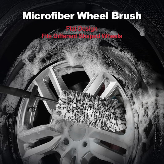 9PCS Professional Wheel Detailing Kit - Microfiber Flat Rim Brush w/Removable Cover, Boar Hair Detail Brush, Cleaning Pads, Towel & Storage Bag | Scratch-Free for All Vehicles