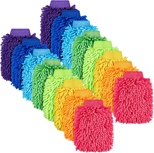 Toulite 16 Pcs Car Wash Mitt Chenille Microfiber Wash Mitt Double Sided Glove Cleaning Drying Mitts (7.48 x 10.24 Inch,Royal Blue,Green)