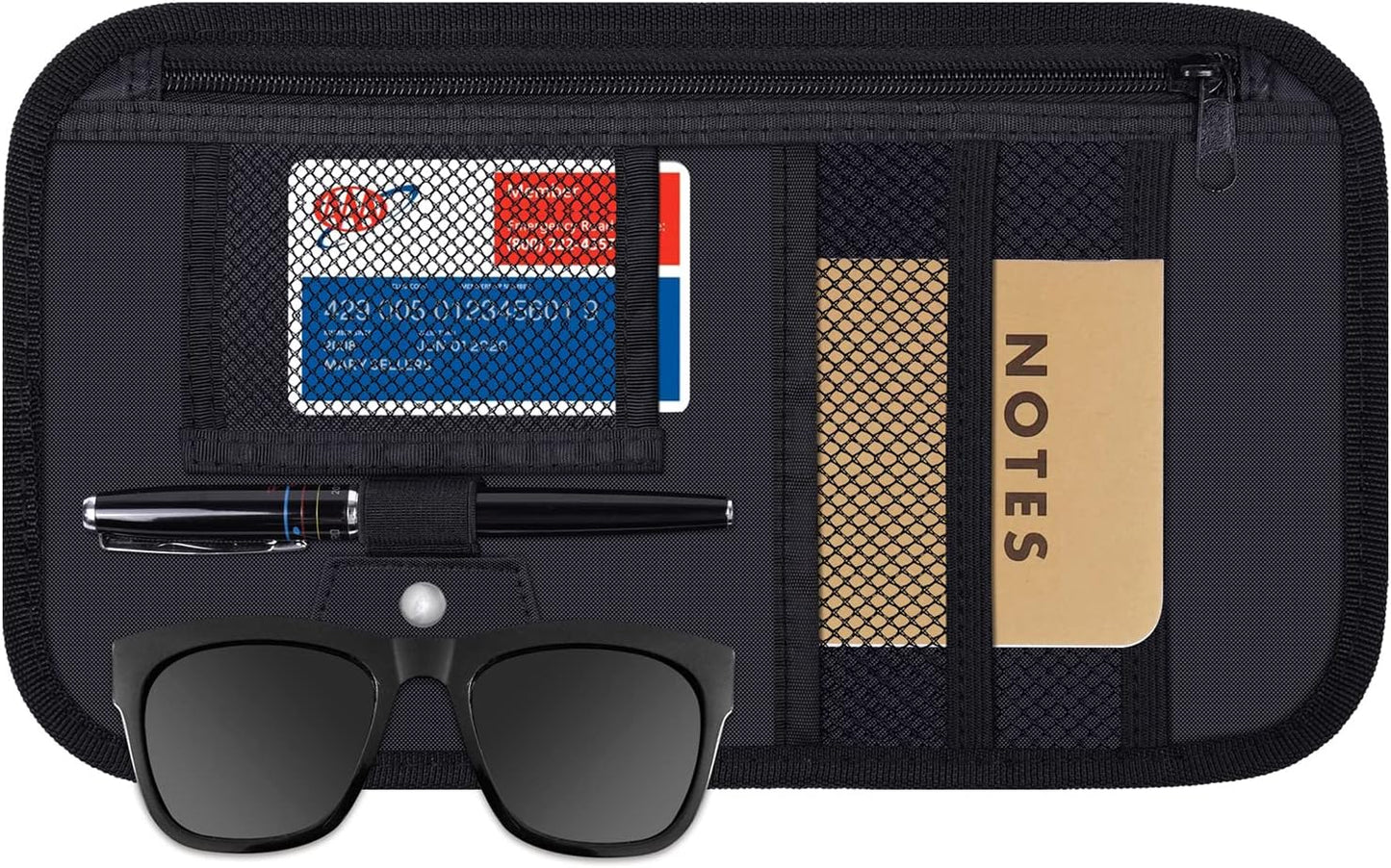 Car Sun Visor Organizer, Wisdompro Vehicle Interior Accessories Storage Pouch Auto Registration Holder with Elastic Strap for Sunglass, Documents, Cards, Pen, Drivers License, etc. (Black)