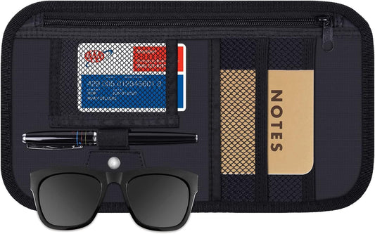 Car Sun Visor Organizer, Wisdompro Vehicle Interior Accessories Storage Pouch Auto Registration Holder with Elastic Strap for Sunglass, Documents, Cards, Pen, Drivers License, etc. (Black)