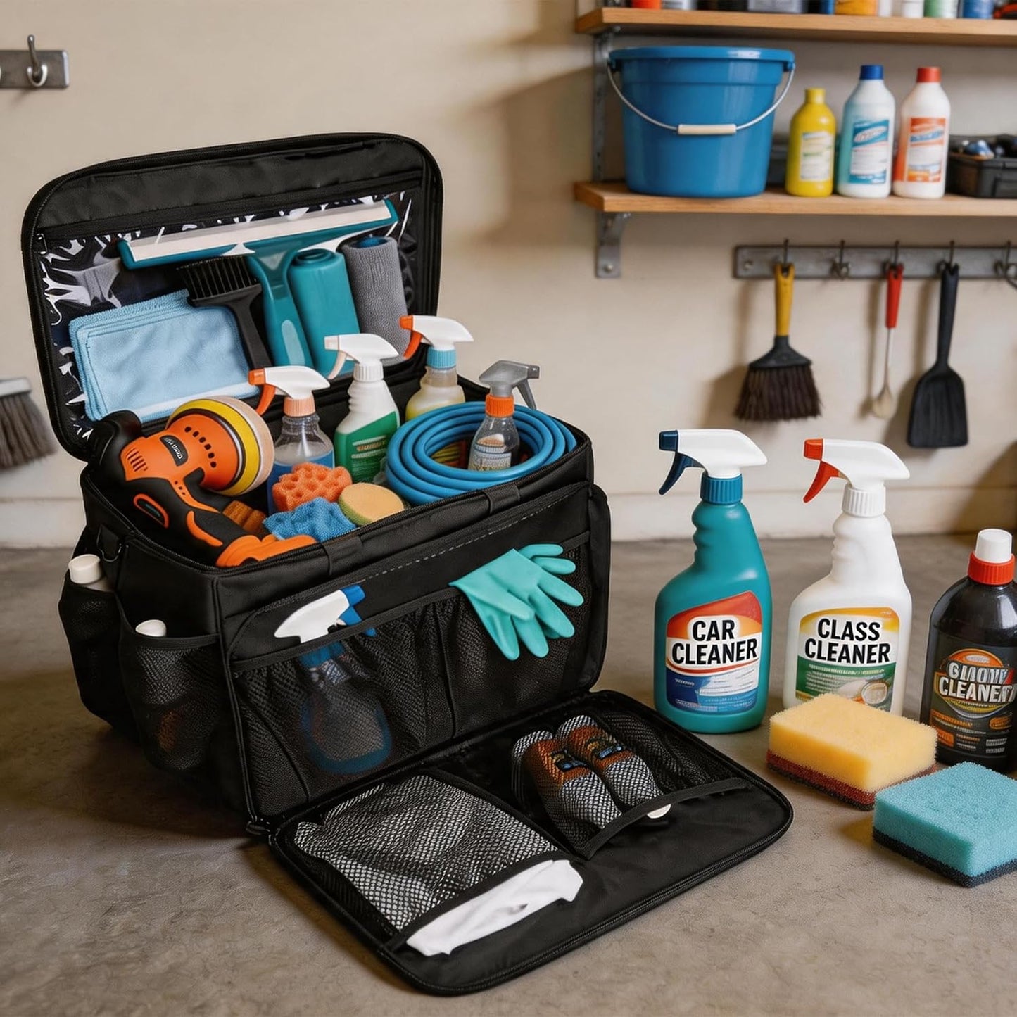 Large Car Detailing Organizer with Hard Pad Support, Car Detailing Bag with Multiple Pockets, Cleaning Bags for Housekeepers, Cleaning Supply Bag, Black