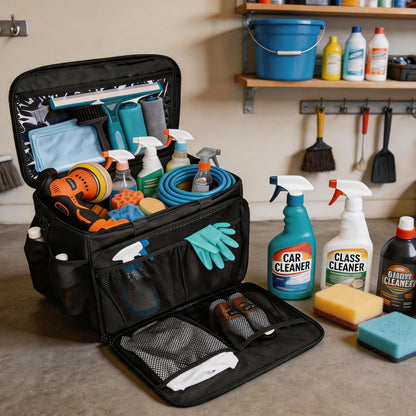 Large Car Detailing Organizer with Hard Pad Support, Car Detailing Bag with Multiple Pockets, Cleaning Bags for Housekeepers, Cleaning Supply Bag, Black