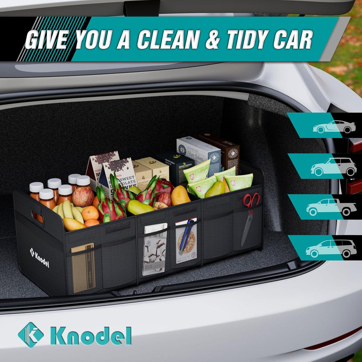 K KNODEL Car Trunk Organizer, Foldable Organizer for Car, Automotive Consoles & Organizers, Storage with Reinforced Handles (Medium, Black)