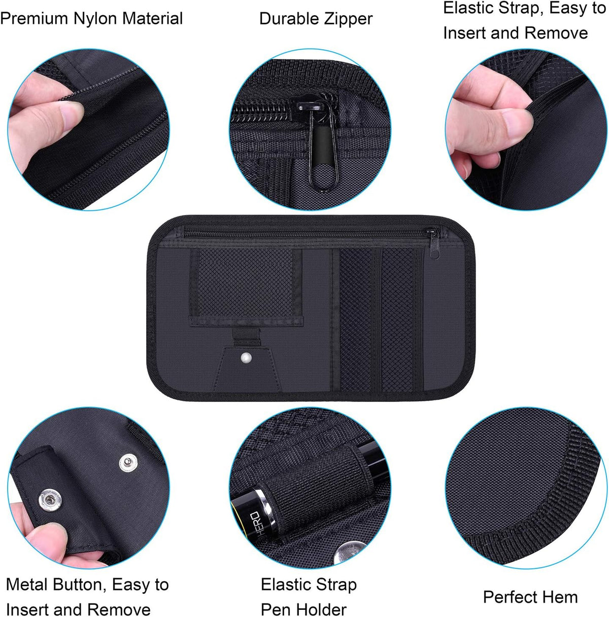 Car Sun Visor Organizer, Wisdompro Vehicle Interior Accessories Storage Pouch Auto Registration Holder with Elastic Strap for Sunglass, Documents, Cards, Pen, Drivers License, etc. (Black)