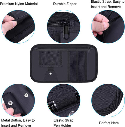 Car Sun Visor Organizer, Wisdompro Vehicle Interior Accessories Storage Pouch Auto Registration Holder with Elastic Strap for Sunglass, Documents, Cards, Pen, Drivers License, etc. (Black)