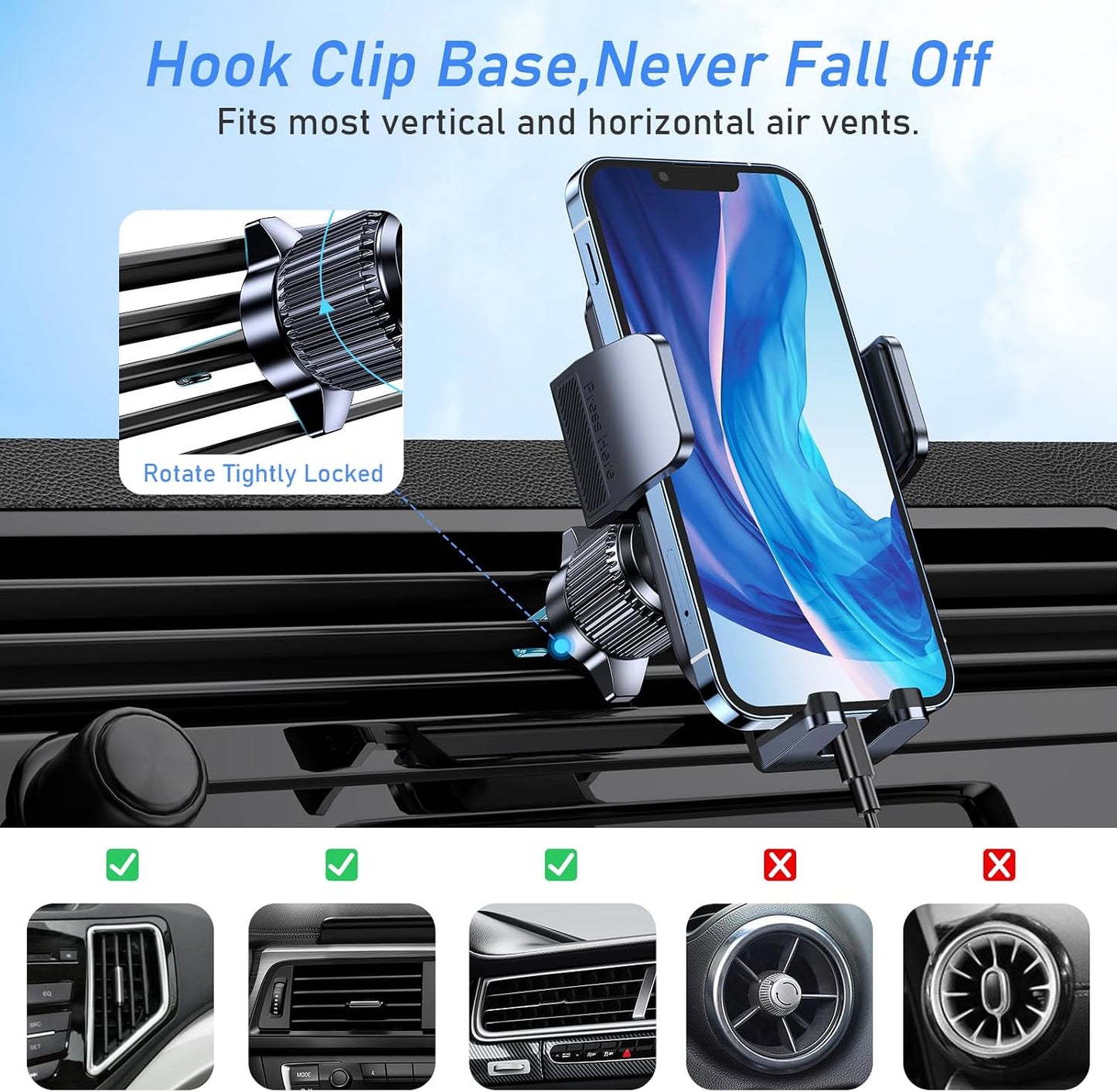 Blukar Car Phone Holder Mount, Super Stable Air Vent Cell Phone Car Mount with 2025 Metal Hook Clip, 360° Rotation,One Button Release for iPhone, Galaxy, Google, and All Other Smartphones