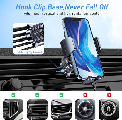 Blukar Car Phone Holder Mount, Super Stable Air Vent Cell Phone Car Mount with 2025 Metal Hook Clip, 360° Rotation,One Button Release for iPhone, Galaxy, Google, and All Other Smartphones