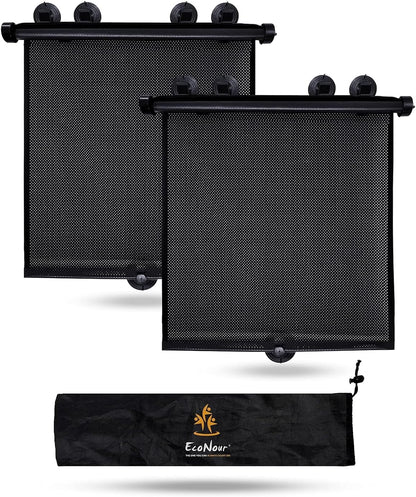 EcoNour Car Side Window Sun Shade (2 Pack) | Retractable Roller Sunshade for Kids | Baby Car Window Shades for UV and Sun Glare Protection | Baby Travel Accessories (15"x17")
