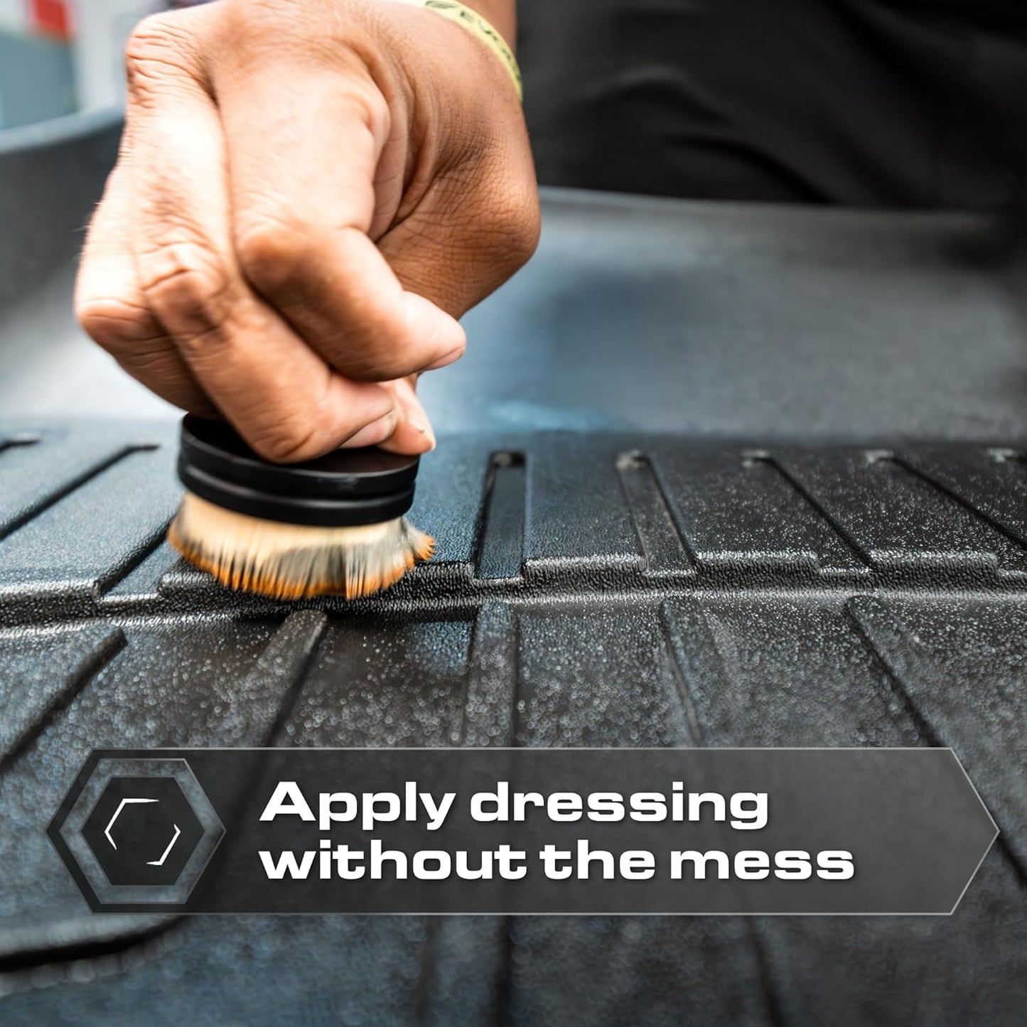 Blackline Reusable Tire Shine Applicator Brush – Soft Bristle Tool for Even Application, Ergonomic Grip with Drainable Stand, Mess-Free Gel & Liquid Tire Dressing Brush for Trim and Rubber Surfaces