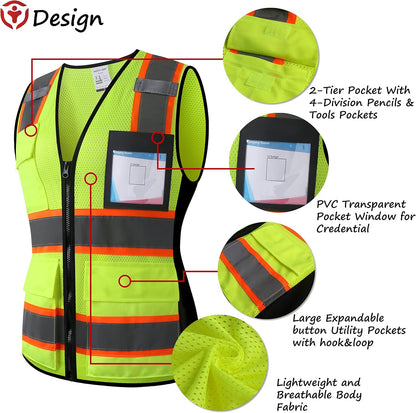 Reflective High Visibility Safety Vest for Men Women with Pockets Zipper Front Meets ANSI/ISEA Standards