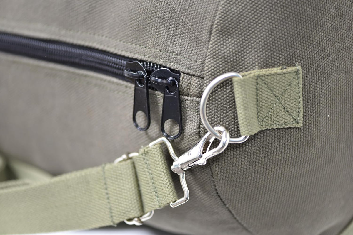 Waxed Canvas All Purpose Military Style Duffle Bag, Water-Resistant, Adjustable Strap, Fully Lined, Double Zipper Closure, heavy Duty, Olive Green