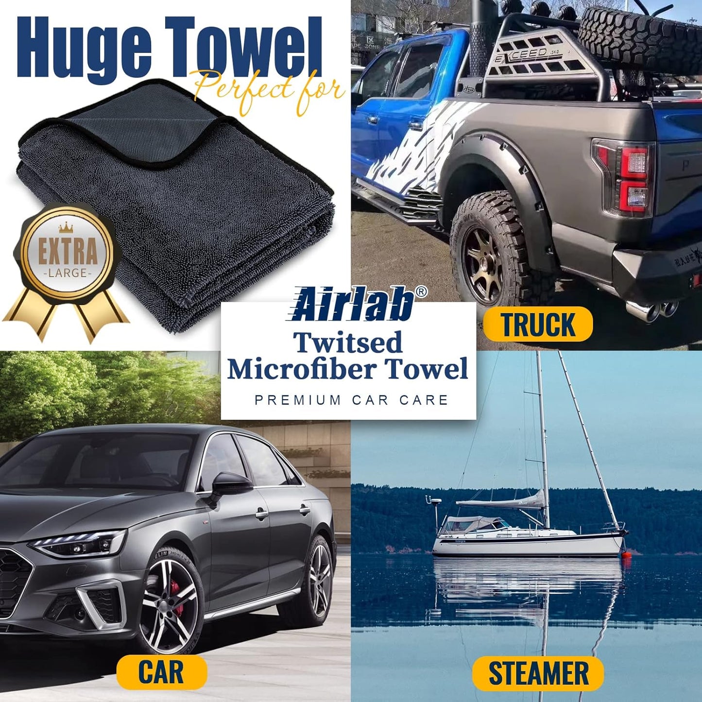 Airlab Microfiber Towels for Cars Wash Drying Thick Plush Cleaning Cloth Auto Detailing Super Absorbent for Interior & Exterior Lint Free, Streak Free, 16" X 16", 800 GSM, Pack of 4