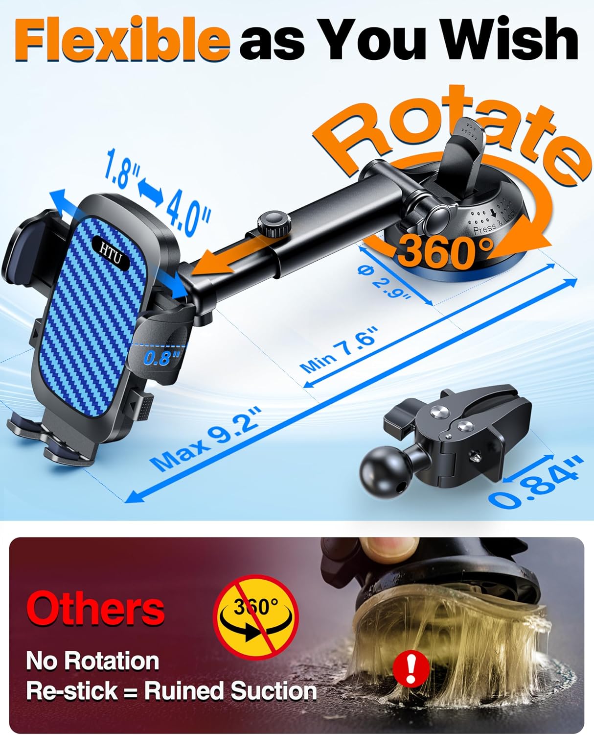 2026 Ultimate Best【True Military-Grade & Safety Cert】Car Phone Holder HTU【Upgraded 360 Rotation & 100+LBS Strongest Suction】5-in-1 Truck Windshield Dashboard Vent Mount Stand for iPhone Android, Black