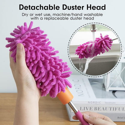 Microfiber Duster for Cleaning, Tukuos Hand Washable Dusters with 2pcs Replaceable Microfiber Head, Extendable Pole, Detachable Cleaning Supplies for Office, Car, Window, Furniture, Ceiling Fan