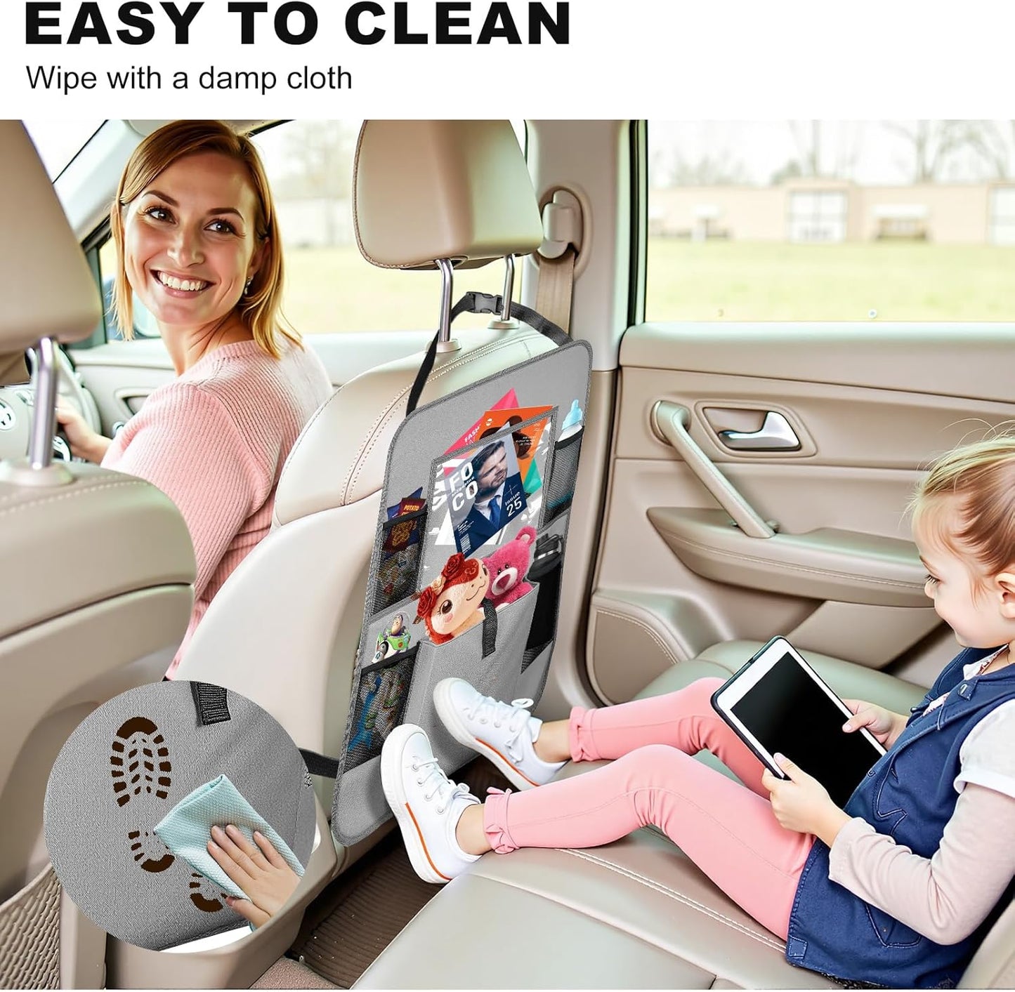 Car Backseat Organizer with Tablet Holder, 6 Storage Pockets Seat Back Protectors Kick Mats for Kids, Car Seat Protector for Road Trips 2 Pack (Black)