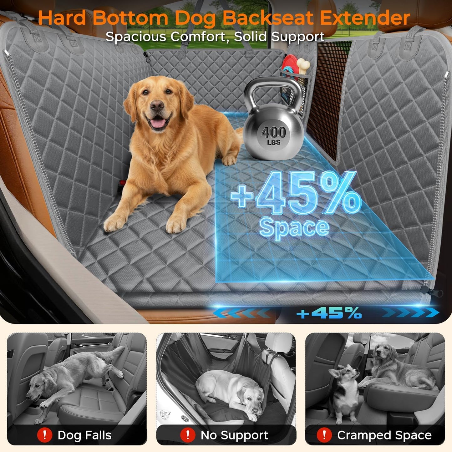 URPOWER Backseat Extender for Dogs - Hard Bottom Dog Car Seat Cover for Back Seat, Dog Hammock for Car and SUV, Pet Rear Seat Protector Dogs Travel Bed with Mesh Window