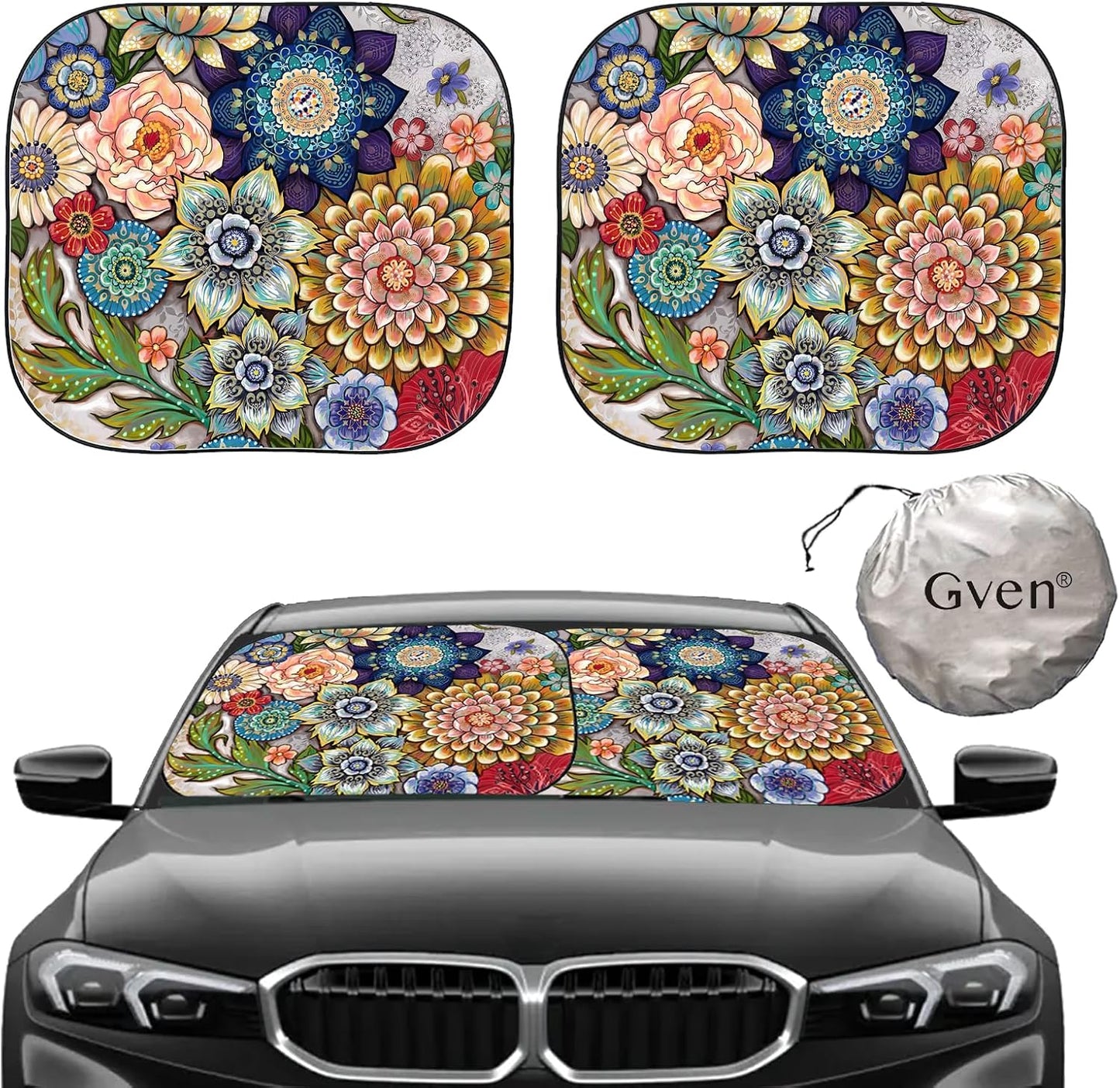 Gven Windshield Sun Shade 2pcs with Bonus Pink Car Sunshade for Front Window Shades 2025 Technology Reflect UV and Heat Sun Visor Automotive Accessories Interior Sun Protection (Pink Leopard, M)