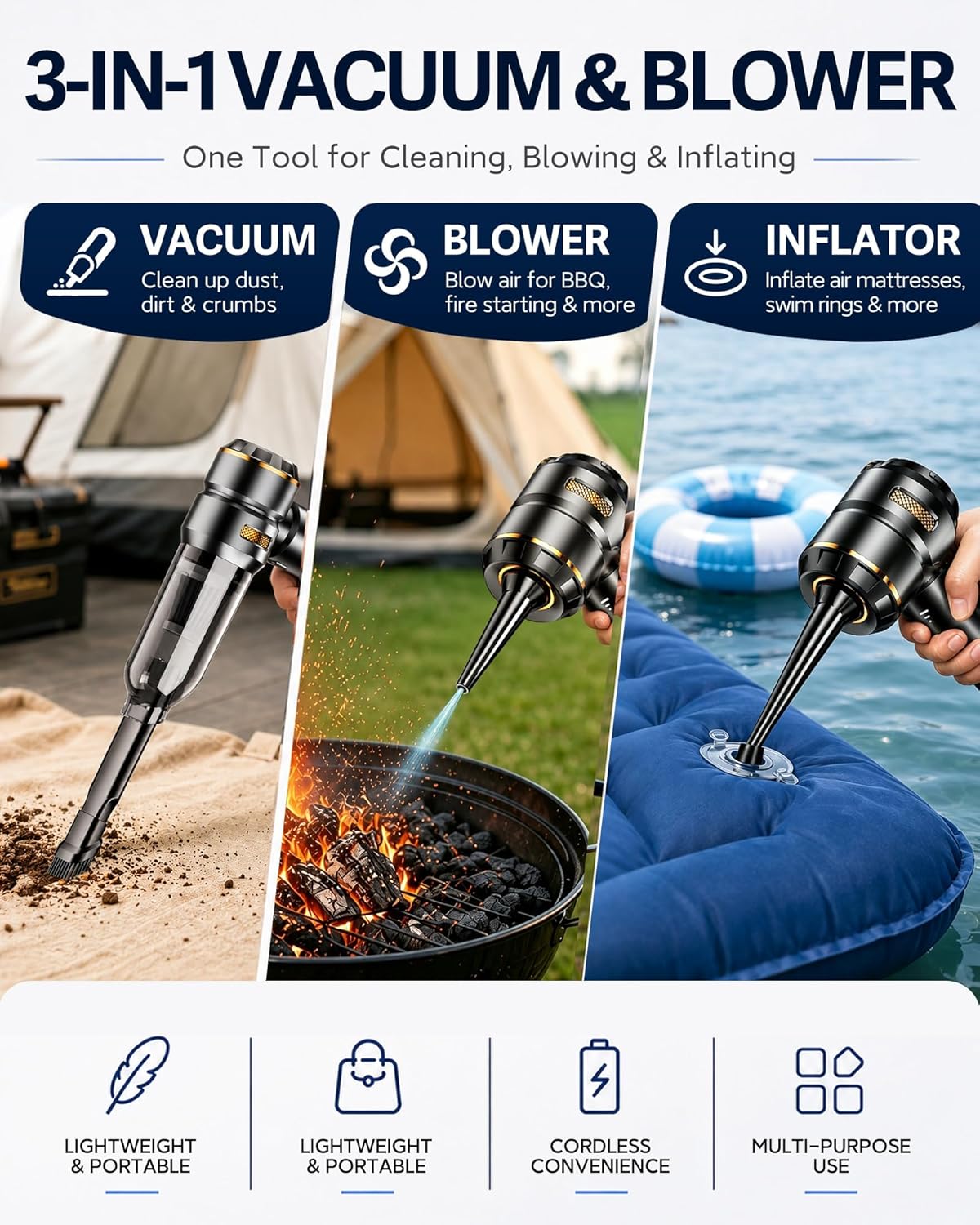houscly Car Vacuum Portable Cordless 20000PA High Power 4-in-1 Compressed Air Duster & Air Blower & Pump Hand Held Vacuum with Brushless Motor for Car, Home, Office,Camping Ideal Gifts for Men & Women