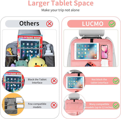 LUCMO Car Backseat Organizer with Tablet Holder,6 Storage Pockets Car Storage Organizer with Foldable Food Tray,Protectors Kick Mats Travel Accessories-Black