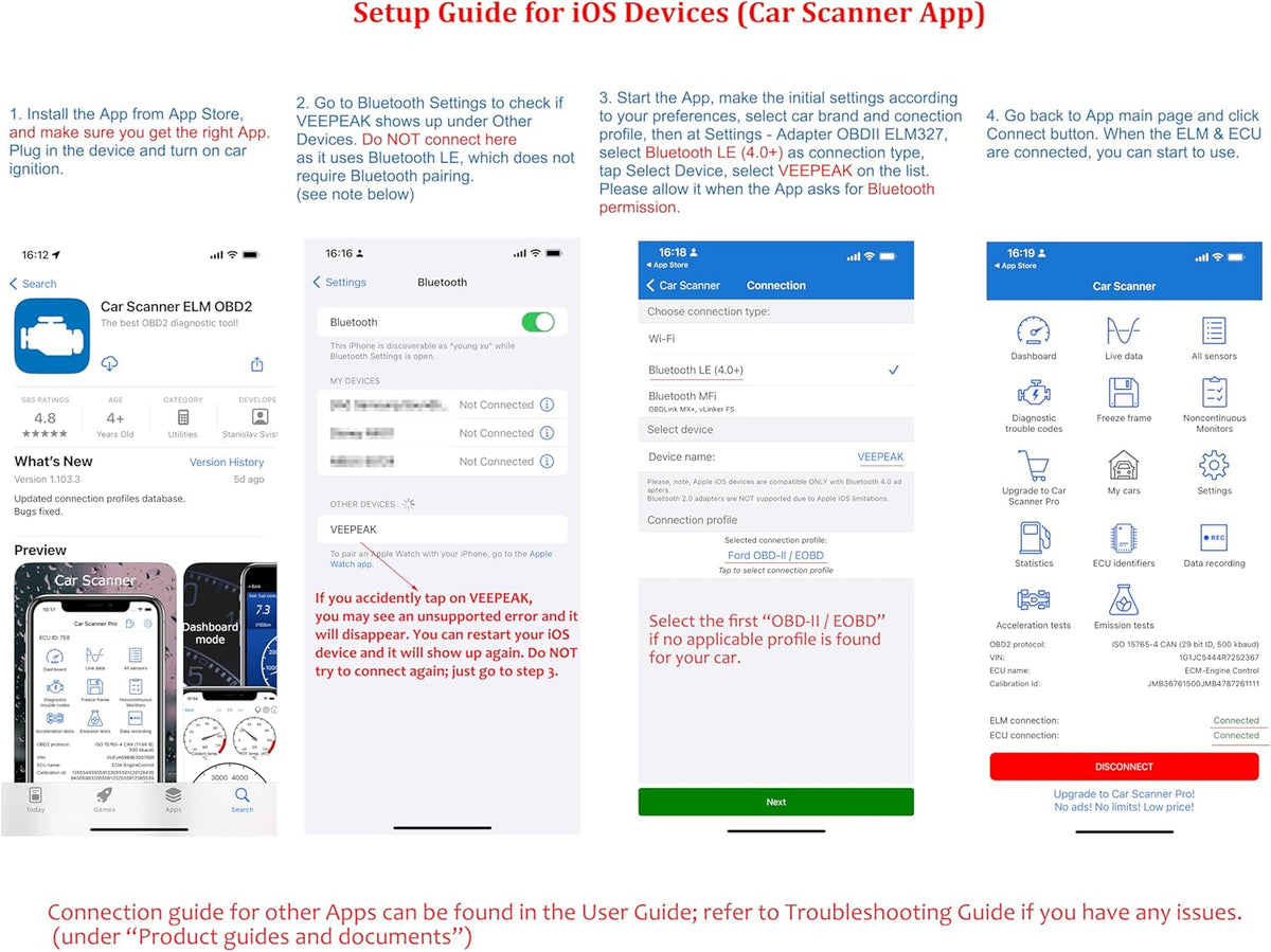 Veepeak OBDCheck BLE Bluetooth OBD II Scanner for iOS & Android, Car Wireless Check Engine Light Code Reader Diagnostic Tool