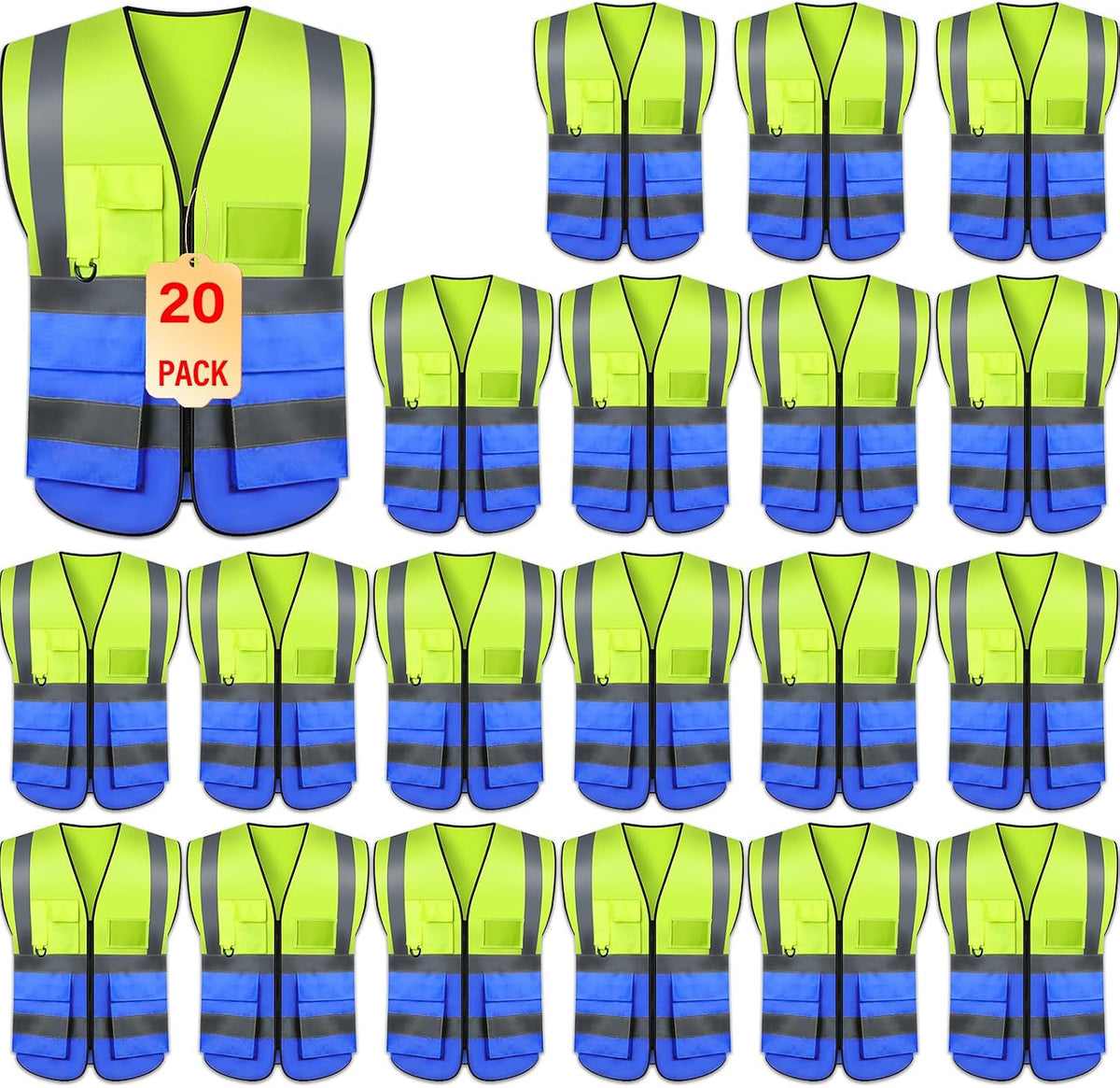 Safety Vests 20 Pack,Hi Vis Construction Vest with 5 Pockets and Zipper,Reflective Vest for Men Women Work One Size
