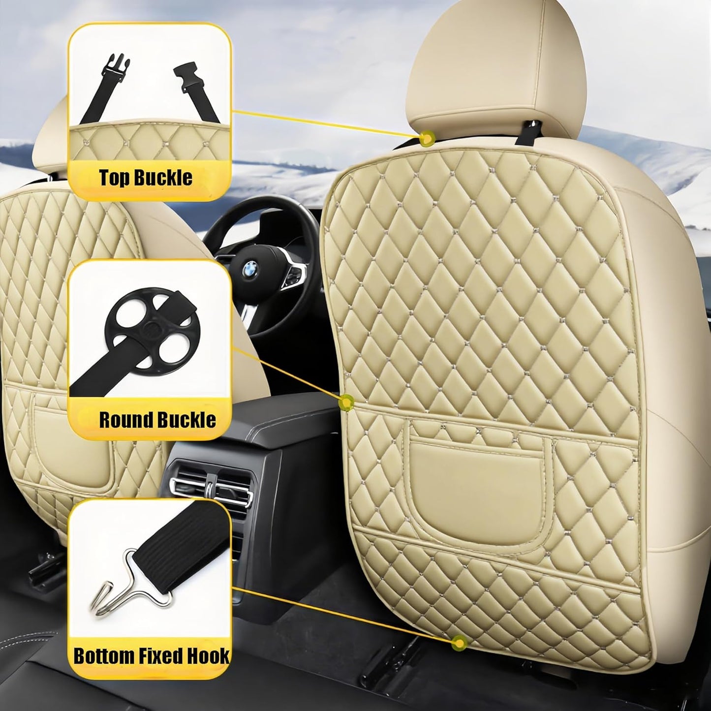 Leatherette Car Seat Protector - 2 Pack Large Car Kick Mats with Storage Pockets Organizer Seat Back Cover Against Dirty Shoes & Scratches, Universal Fit for Most Vehicles (Black)
