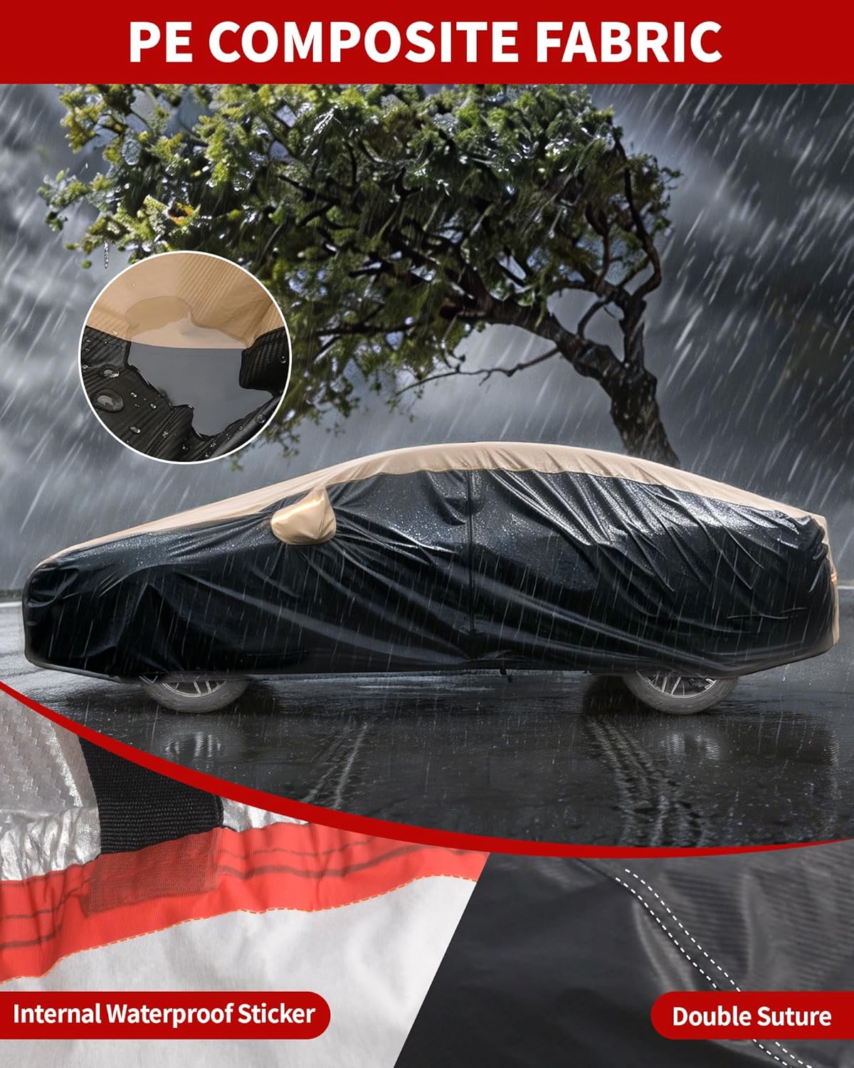 Car Cover Waterproof All Weather,6 Layers Car Covers for Automobiles, Full Exterior Cover with Zipper, Outdoor Car Cover Sun UV Rain Snow Wind Protection, Fit for 185"(185*70*59 inch)Sedan