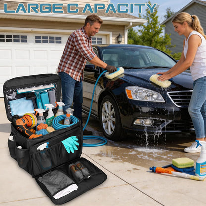 Large Car Detailing Organizer with Hard Pad Support, Car Detailing Bag with Multiple Pockets, Cleaning Bags for Housekeepers, Cleaning Supply Bag, Black