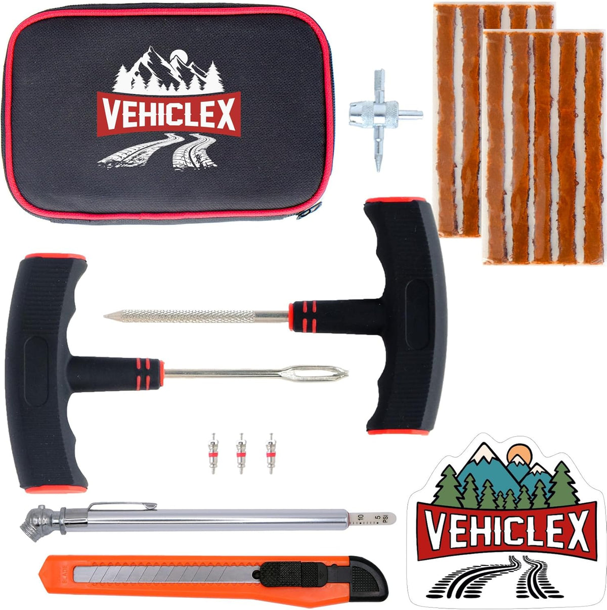 Vehiclex Tire Repair Kit for Plug and Patch with Aluminum Handled Tools - Emergency Kit with Pliers in Zippered Bag for Car, Motorcycle, ATV, Tractor, Lawn Mower
