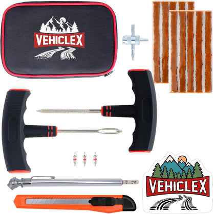 Vehiclex Tire Repair Kit for Plug and Patch with Aluminum Handled Tools - Emergency Kit with Pliers in Zippered Bag for Car, Motorcycle, ATV, Tractor, Lawn Mower