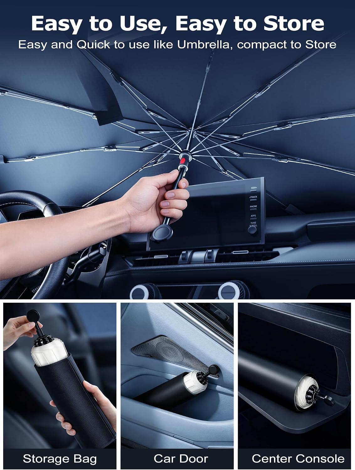 DMJN Umbrella Windshield Sun Shade - Medium, Car Sunshade for Front Windshield [Nano Ice-Crystal Coatings] UPF50+ Heat & UV Block, Protect Interior & Keep Cooler Universal for Car, SUV, Truck