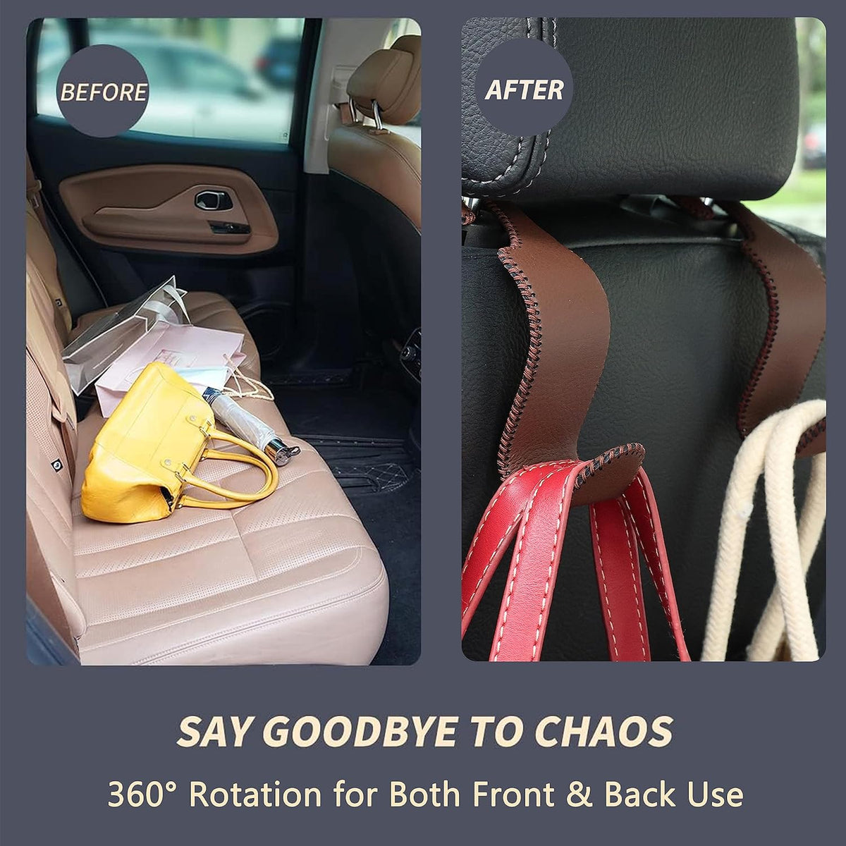 Amooca 4-Pack Car Headrest Hooks Vehicle Storage Organizer for Purses Handbags Groceries Backpack Coats –Holds 55lbs 360° Rotating Black