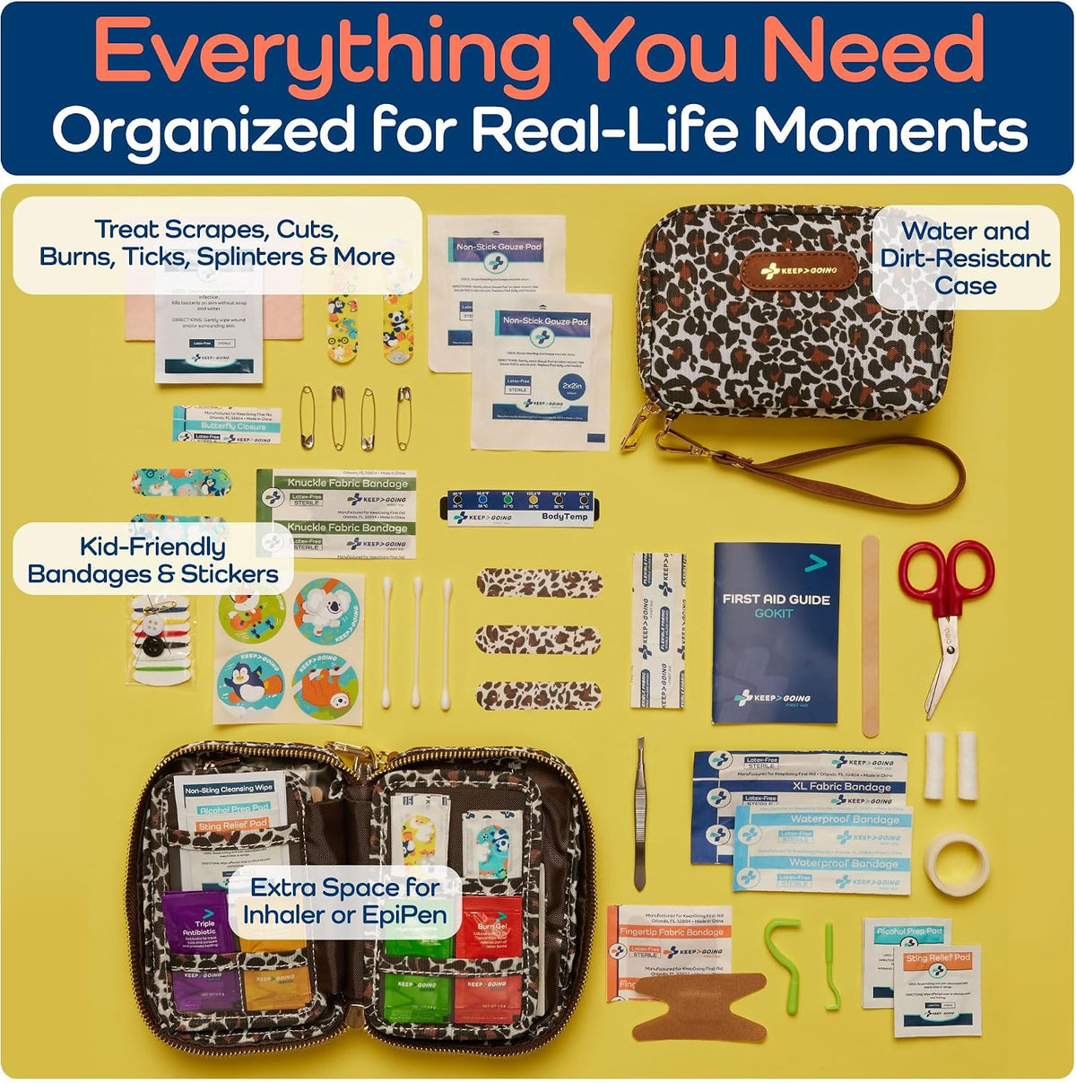 KeepGoing Travel First Aid Kit for Kids – 130 Pc. for Car, Home, Purse, Diaper Bag & Backpack with Latex-Free Bandages - Mini First Aid Kit Travel Size TSA-Approved