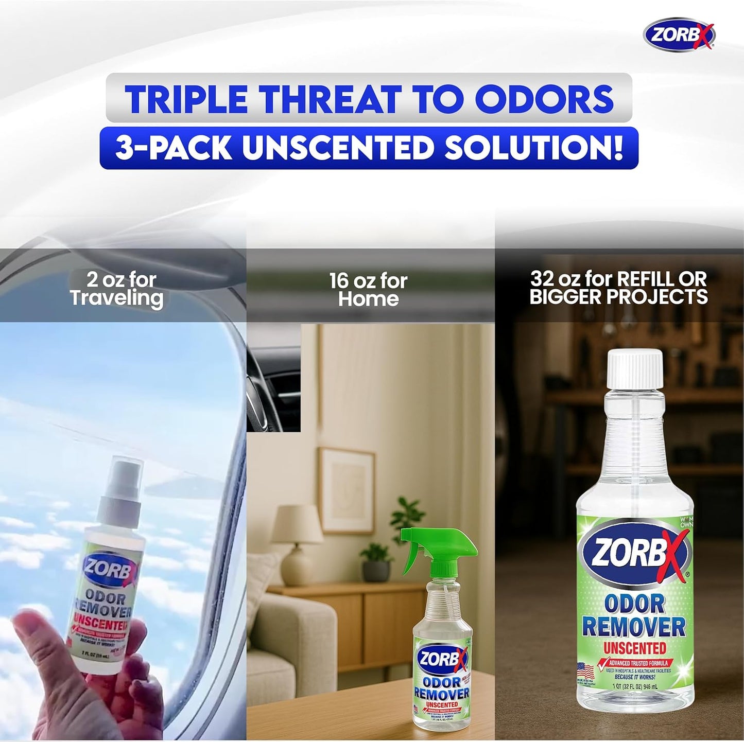 ZORBX Unscented Odor Eliminator for Strong Odor 2 Fl Oz, Pack of 1 - Used in Hospitals & Healthcare Facilities - Advanced Formula, Fast-Acting Odor Remover Spray for Dog, Cat, House & Carpet