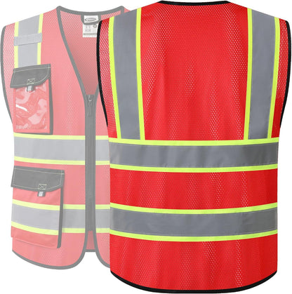 JKSafety Hi Vis Reflective Safety Vests for Men Women High Visibility Vest with Pockets Mesh Fabric Construction Safety Apparel Neon Vest for Work (220-Black L)