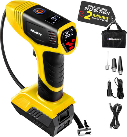 BULLSEYE PRO Tire Inflator with Pressure Gauge, Compact and Portable, Automatic Shut Off, 150 PSI Max, USB Home Rechargeable and Cord for Vehicular Use As Seen On TV (9475)