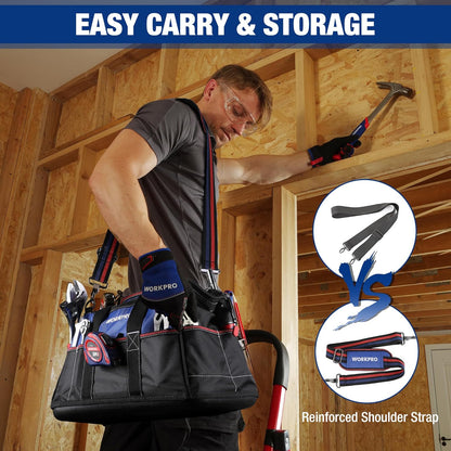 WORKPRO 16-inch Wide Mouth Tool Bag with Water Proof Molded Base | Multi-Pocket, Heavy Duty Cloth, Adjustable Shoulder Strap, Double-pull Zipper, For Workshops, Outdoor Projects