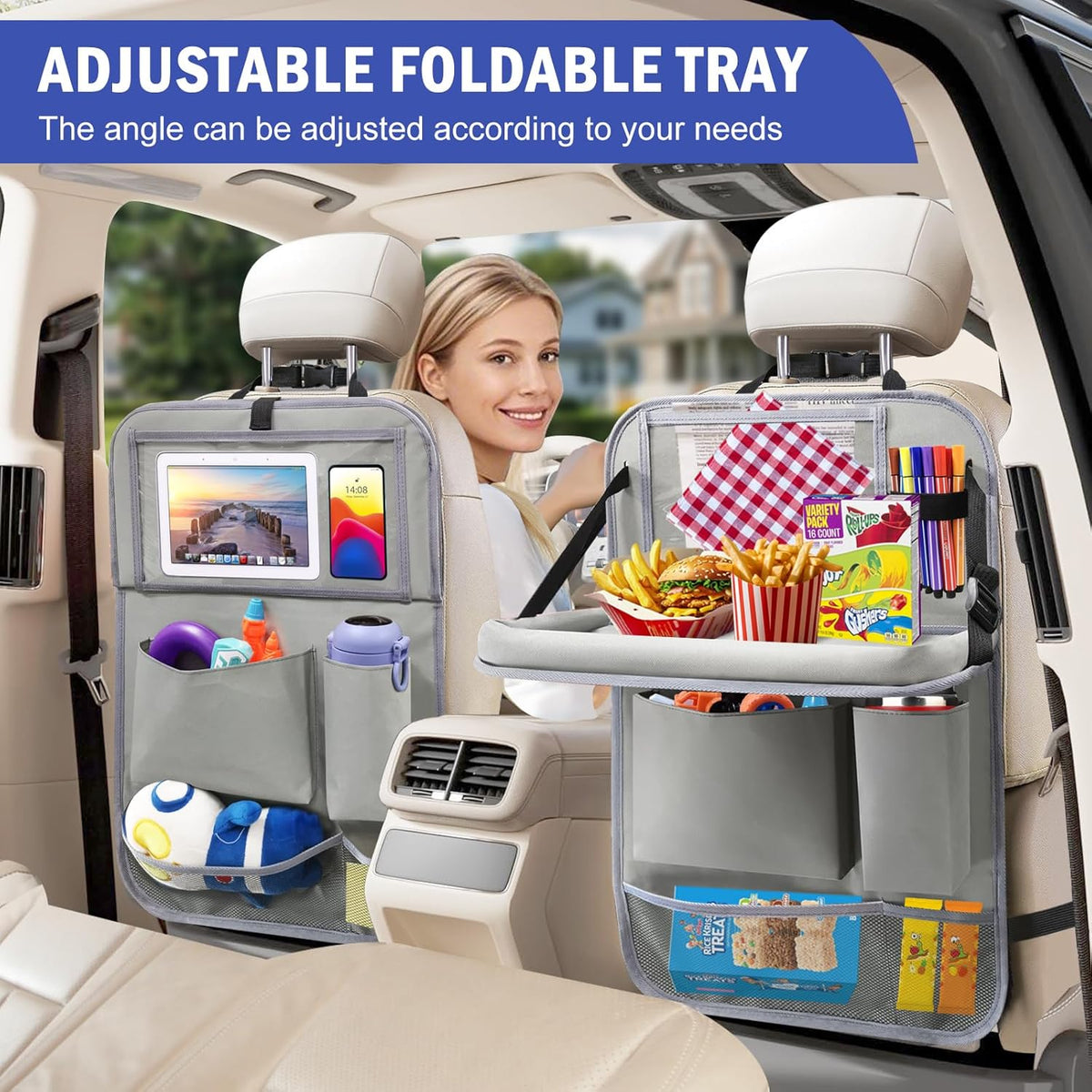 2Pack Car Backseat Organizer with Foldable Table Tray,6 Storage Pockets Car Storage Organizer with Tablet Holder,Car Seat Back Protectors Kick Mats Travel Accessories (Black)
